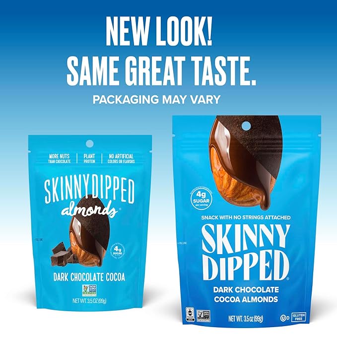 SkinnyDipped Dark Chocolate Cocoa Almonds, Healthy Snack, Plant Protein, Gluten Free, 3.5 oz Resealable Bags (Pack of 5)