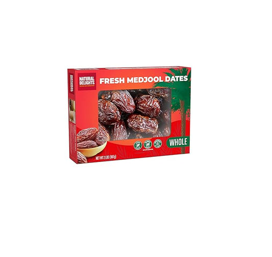 Natural Delights Dates – Large & Plump, Non-GMO Verified, Good Source of Fiber, Naturally Sweet Fruit Snack, Perfect for On-the-Go - Medjool Dates Whole, 2 lb Box