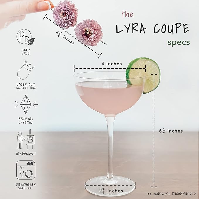 PURE MORA The Lyra Coupe Glass Set of 4, 7oz Handblown Premium Crystal Classic Cocktail Glasses for Martini, Champagne, Mixology, Home Bar, Fancy Margarita, Gin&Tonic, Drinking, etc. For Mixologists
