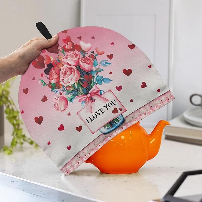 Hudotybom Valentine Rose Tea Cozy for Teapot - Insulated Large Cover to Keep Warm - Machine Washable Coffee Pot Cloth Cover - Valentine's Day Decorations