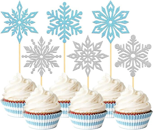 24PCS Glitter Snowflake Cupcake Toppers for Snowflake Decorations, Frozen Snowflake Cake Topper, Christmas Snowflake Cake Picks for Winter Decorations (Blue)