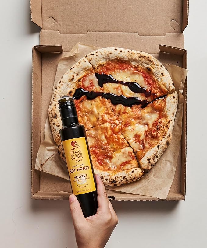 Hot Honey Balsamic Vinegar - Gourmet Barrel Aged Infused Balsamic Vinegar - Great for Dressing Dipping Glazing - No Artificial Flavors or Added Sugar - Made in Texas (8.5 Fl Oz)