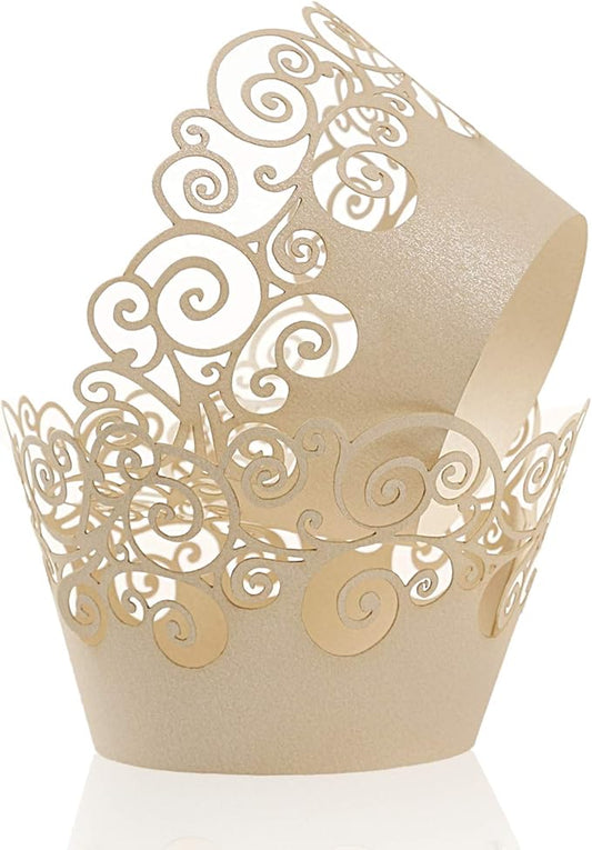 Cupcake Wrappers, KPOSIYA 50 Pack Cupcake Wraps Filigree Artistic Bake Cake Paper Cup Little Vine Laser Cut Liner Baking Cups Muffin Case Trays for Wedding Party Birthday Decoration (50, Beige)