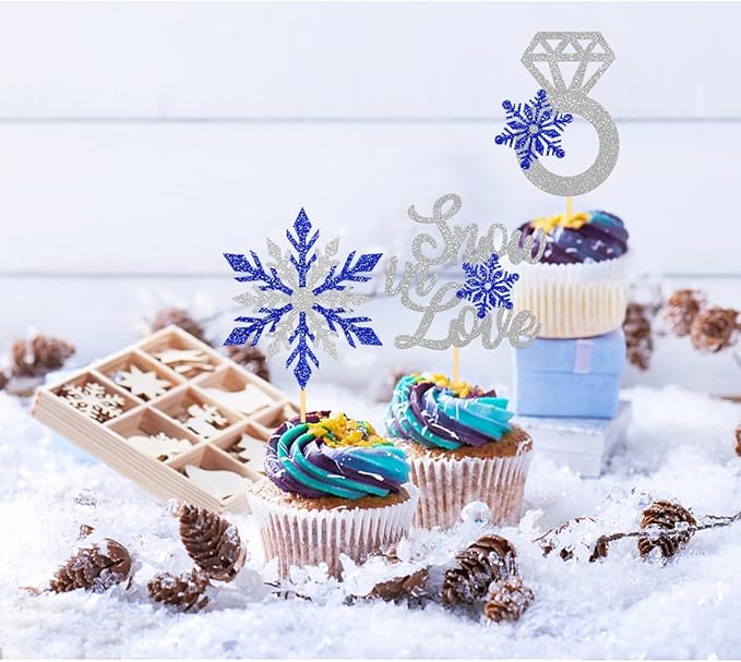 24PCS Snow in Love Cupcake Toppers for Winter Snowflake Decorations, Frozen Snowflake Love Cake Toppe for Bridal Shower Party Decorations (Love B)
