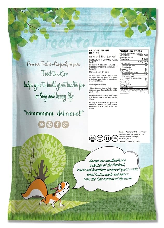 Food to Live Organic Pearl Barley, 12 Pounds ??Non-GMO, Polished Unhulled Barley, Kosher, Vegan, Bulk. Cooks Faster than Hulled Barley. Rich in Fiber, Selenium. Great for Hot Cereal, Salads, Stews