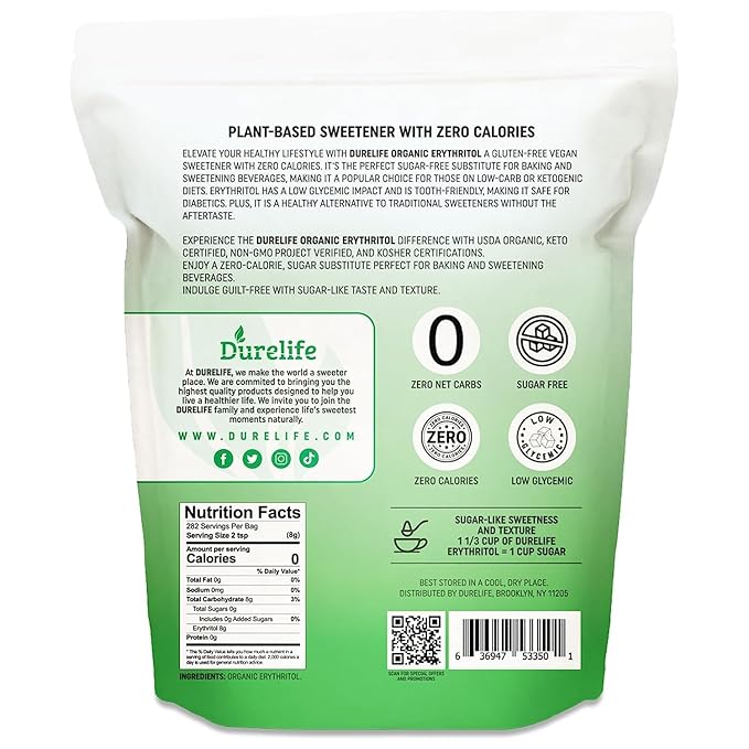 Durelife USDA organic erythritol sweetener, non gmo verified, Keto certified, No After Taste, Kosher, Zero Calorie Plant-Based Sugar Alternative 5 LB