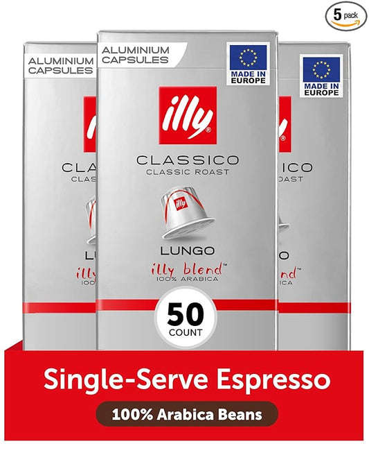 illy Aluminum Espresso Capsules - Compatible with Nespresso Machines - Classico Lungo Roast Coffee - Mild & Balanced - Notes Of Caramel, Orange Blossom & Jasmine - 10 Count (Pack of 5)