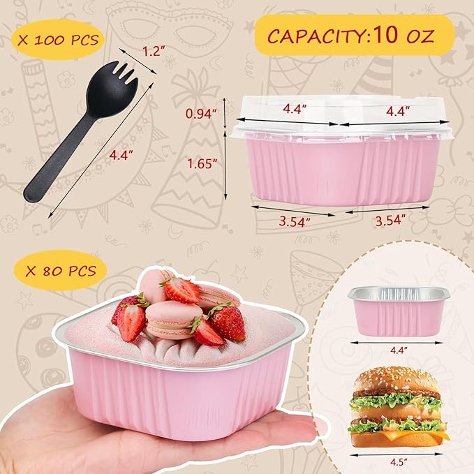 10oz/80pack Mini Cake Foil Pans with Lids,LNYZQUS 4?�x4??Large Cupcake Pan Disposable Ramekins,Small Brownie Baking Cups Square Muffin Tin Cheesecake Containers Holders-Pink
