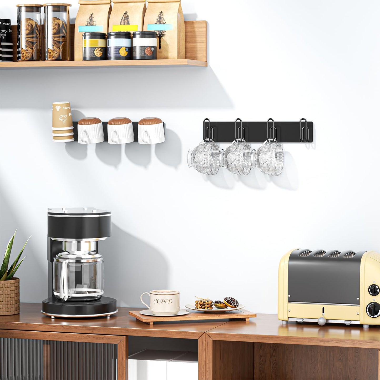 LOXSUN 2pcs Mug Holder Wall Mounted, Coffee Cup Holder with 4 Mug Hooks, Metal Cup Hanger Mugs
