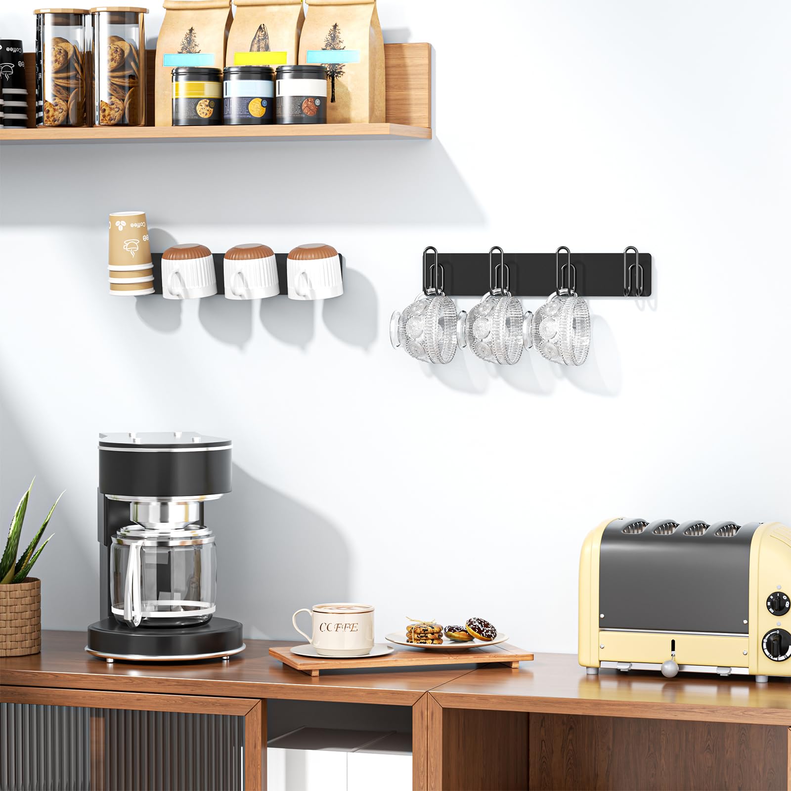 LOXSUN 2pcs Mug Holder Wall Mounted, Coffee Cup Holder with 4 Mug Hooks, Metal Cup Hanger Mugs