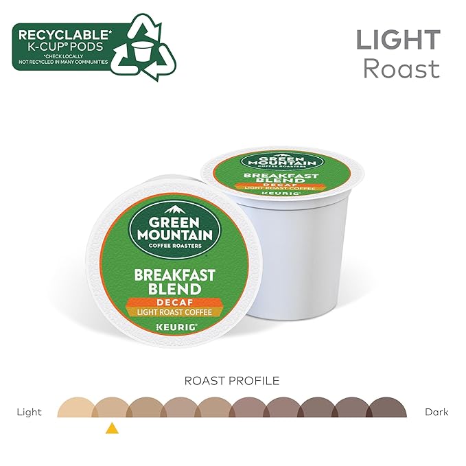 Green Mountain Coffee Roasters Breakfast Blend Decaf Coffee, Keurig Single Serve K-Cup pods, Light Roast, 96 Count