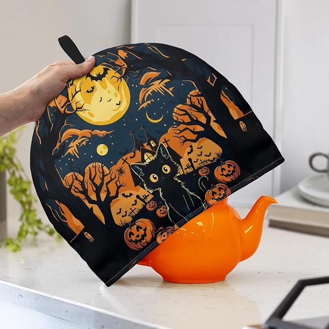 ZUXONGSYBlack Cat Tea Cozy for Teapot Insulated Scratch Proof Cup Cozy Bat with Spider Breakfast Warmer for All Hallows' Eve Party ReusableTeapot Insulation Cover Halloween Day
