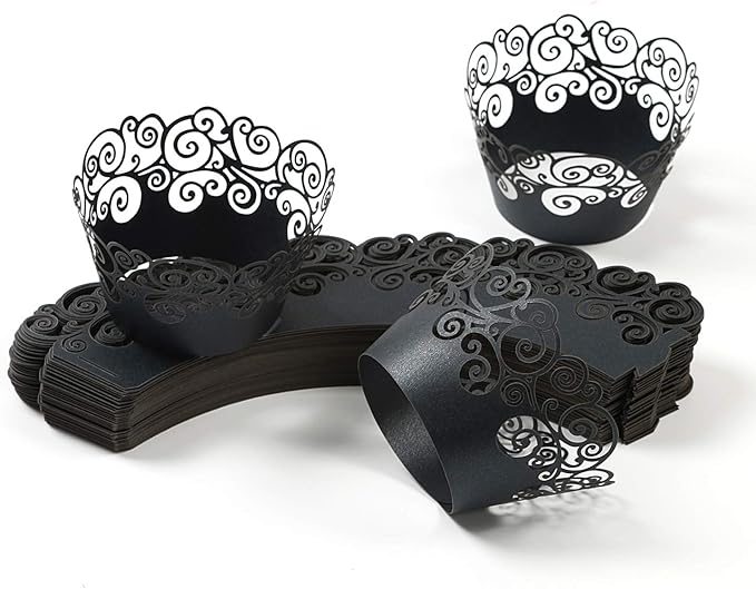 Cupcake Wrappers, KPOSIYA 50 Pack Cupcake Wraps Filigree Artistic Bake Cake Paper Cup Little Vine Laser Cut Liner Baking Cups Muffin Case Trays for Wedding Party Birthday Decoration (50, Black)