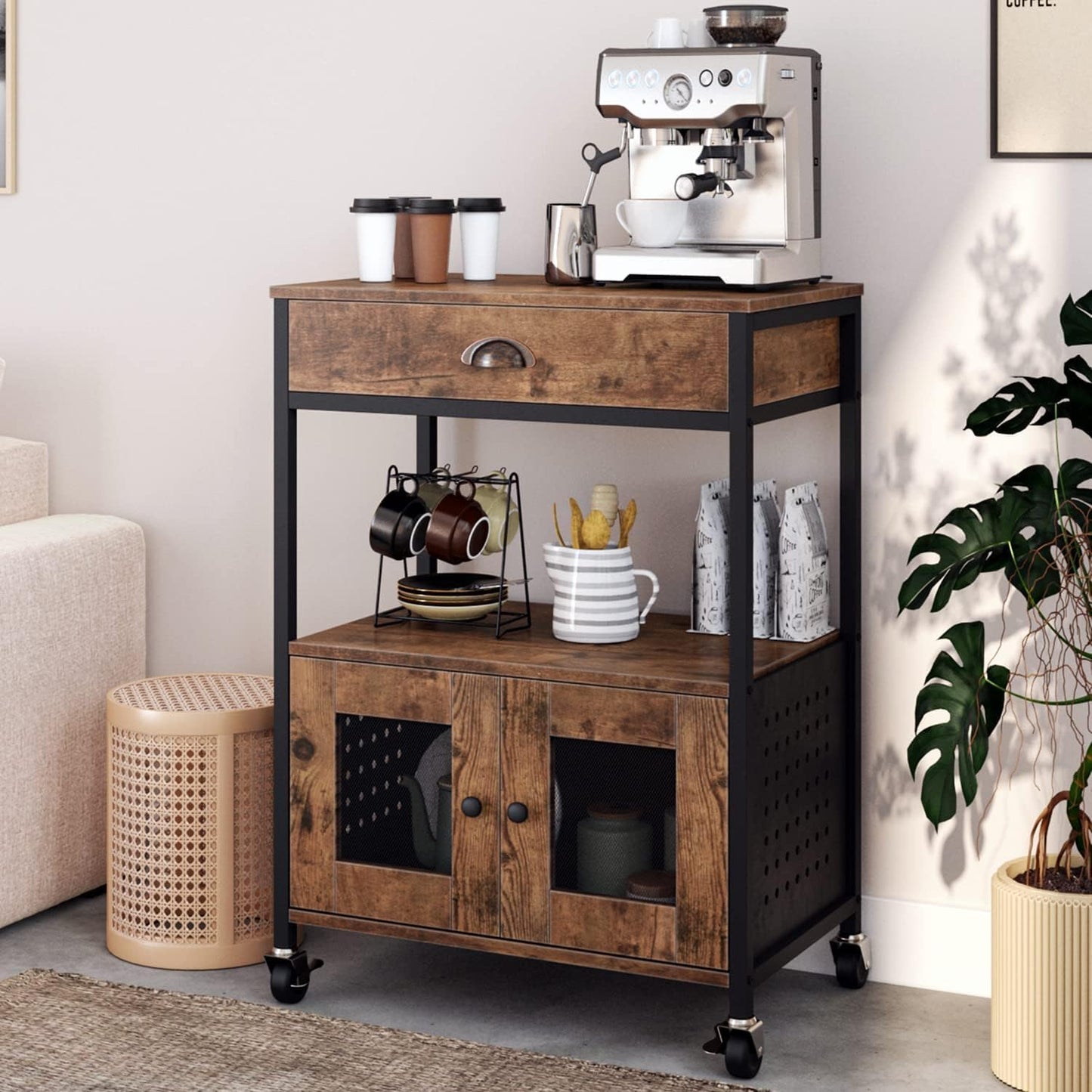 Catrimown Coffee Bar Cart Cabinet,3 Tier Coffee Station Table on Wheels,Coffee Cart with Storage