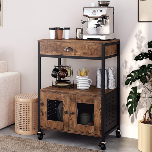 Catrimown Coffee Bar Cart Cabinet,3 Tier Coffee Station Table on Wheels,Coffee Cart with Storage