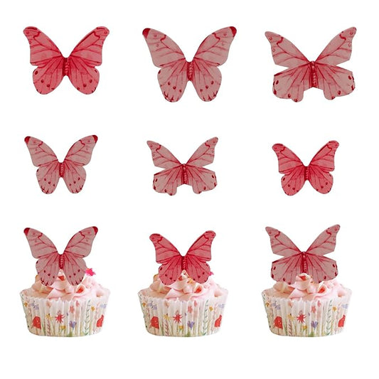 40Pcs Edible Wafer Paper Butterfly Cupcake Toppers 3D Cake Realistic Pastel Butterfly Decoration for Birthday Party Wedding Food Decorations - Pink