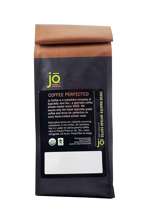 COLD BREW JO DECAF: 12 oz. Whole Bean USDA Organic Decaf Coffee, Dark French Roast, Swiss Water Process, Soft Velvety Texture, Low Acidity, Fair Trade Certified, Gluten Free, Non-GMO, Chemical Free