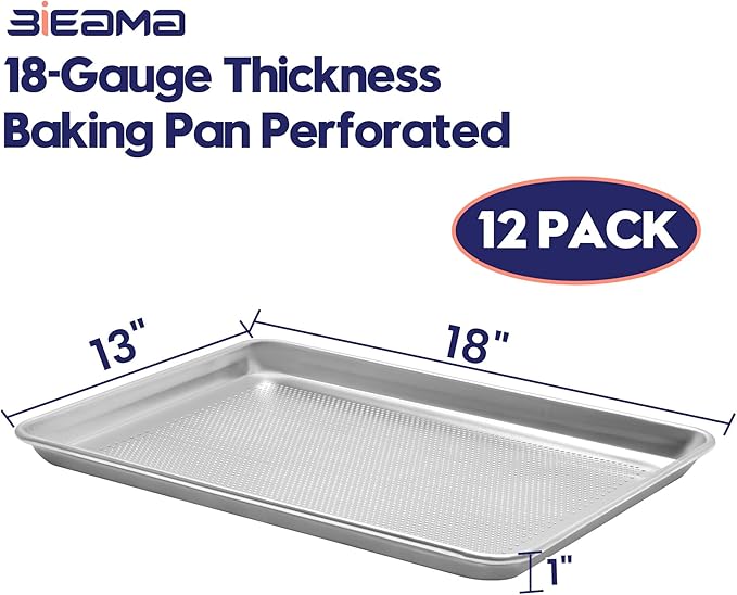 12 Pack Half Size 18" x 13" Aluminum Baking Sheet Pan Perforated, Commercial Bakery Equipment Cookie Sheets, NSF Approved Baking Tray