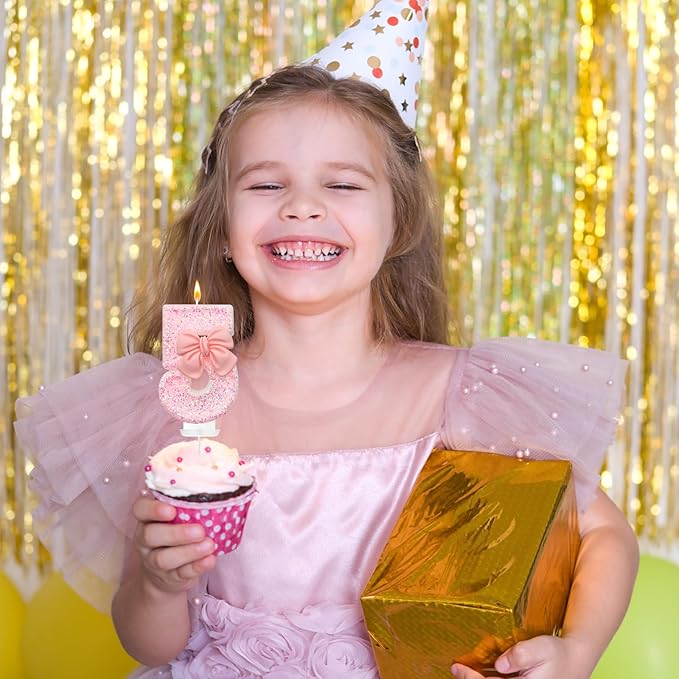 Birthday Cake Candles, Pink Glitter with Bow Cake Candles, Birthday Party Cake Toppers, Cute Birthday Candle Decorations (5)