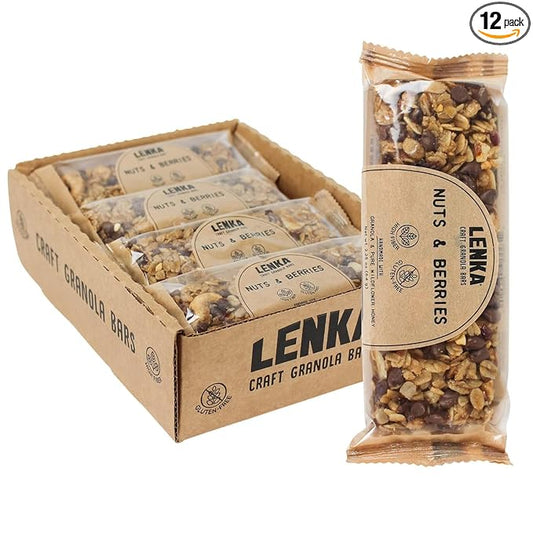 Lenka Bars - Nuts & Berries Snack Bars, Gluten Free, High Fiber, Kosher, Wholesome, No Artificial Flavors, Individually Wrapped - 12 Pack