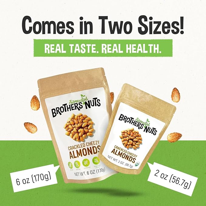 Brothers Nuts Crackled Cheezy Almonds – Organic, Sprouted Almonds – Healthy Keto Snack – Vegan, Gluten-Free, Kosher – No Preservatives – 2oz (2 Pack)