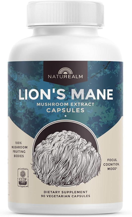 Naturealm Lions Mane Mushroom Supplement - Organic Brain Support for Focus Memory Mental Clarity