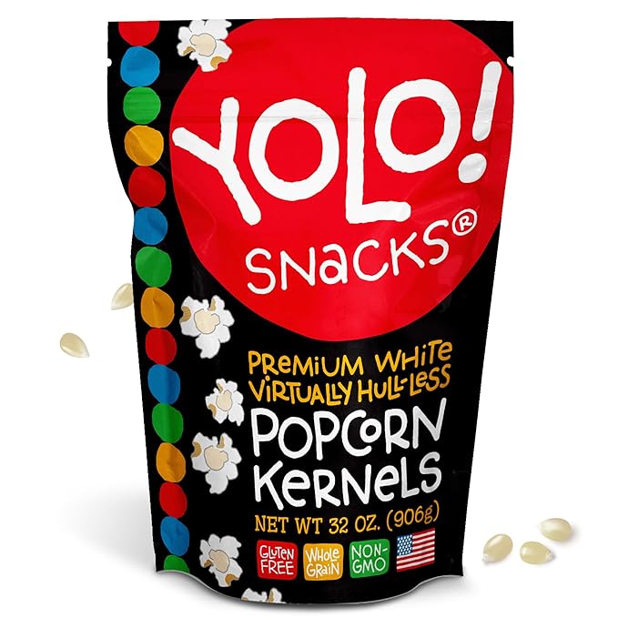 YOLO! Gourmet Virtually Hulless Popcorn Kernels, Premium White Butterfly Popping Corn, Non GMO, Gluten Free, Vegan, 32 Oz Resealable Bag (Pack of 1)