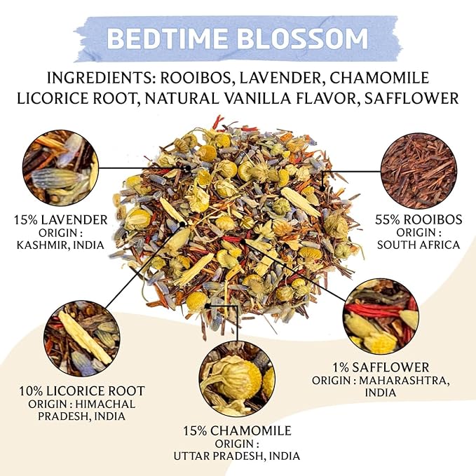 BREWIX, Bedtime Blossom Calming Tea For Sleep (50+ Cups) Herbal All Natural | Supports a Good Night?™s Sleep | Night Time, Caffeine Free with Rooibos, Safflower, Chamomile and Lavender | Perfect for Bedtime | Relaxing Natural Nighty Night Sleeping Tea