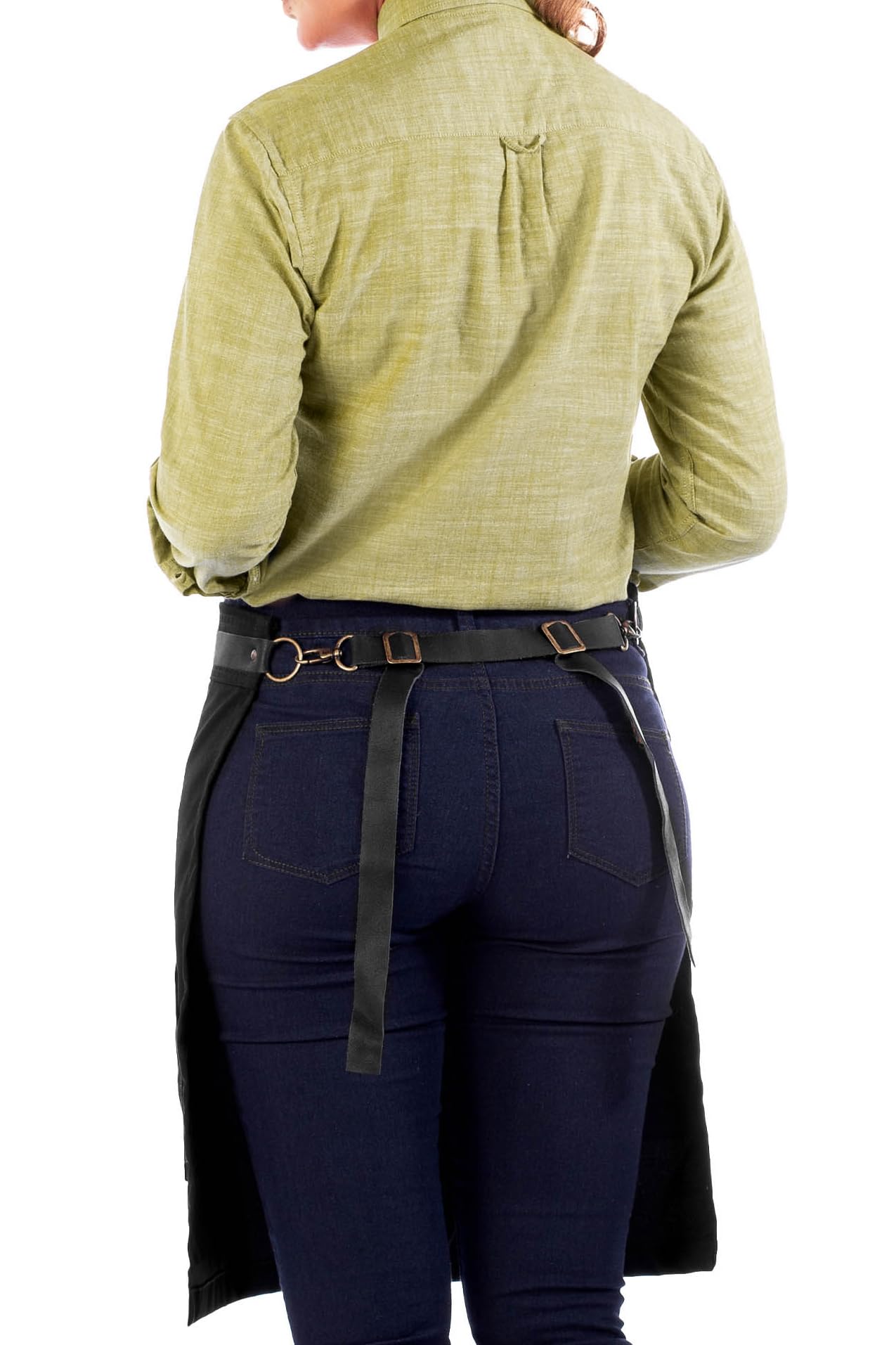 Under NY Sky Barista Apron, Detachable Leather Straps, Riveted - Black
