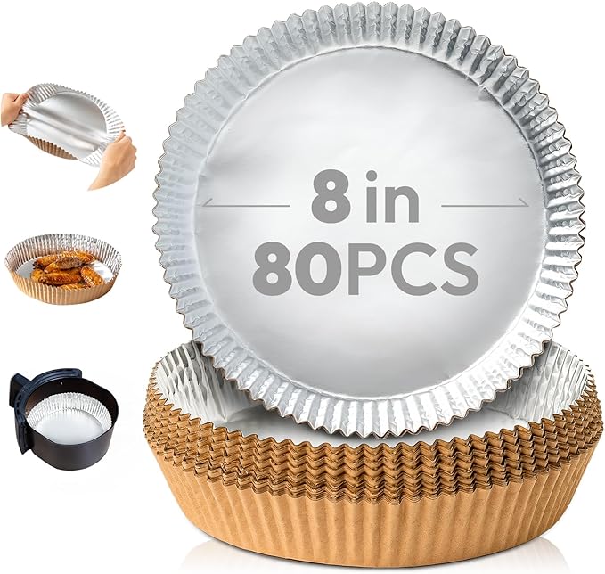 Katbite 80pcs Round Air Fryer Liners, 8in Disposable Food Grade Aluminum Foil Air Fryer Liner, Oil-Proof Accessories for 5-8 QT Airfryer,Oven Pan, Baking Basket -(Performance Series)