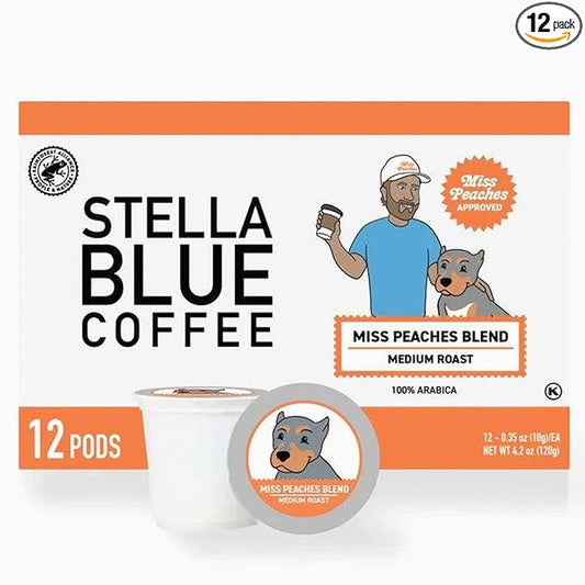 Stella Blue K-Cups Coffee Pods, Miss Peaches Blend, Medium Roast, Citrus, Caramel and Fruity Notes, 100% Arabica, Ethically Sourced from Central & South America, 12 Single Serve Recyclable Pods