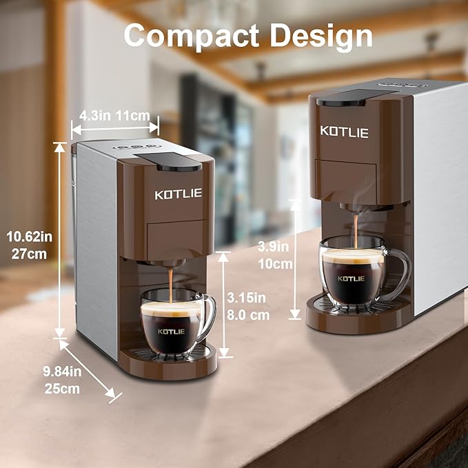 KOTLIE 513K Single Serve Capsule Coffee Machine fits for K-Cup capsule/Nes*p Original/Ground Coffee/44mm ESE,0.8L,Compact Size(Coffee)