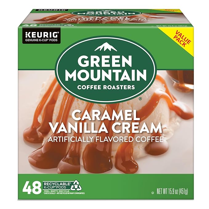 Green Mountain Coffee Roasters Caramel Vanilla Cream, Single-Serve Keurig K-Cup Pods, Flavored Light Roast Coffee Pods, 48 Count