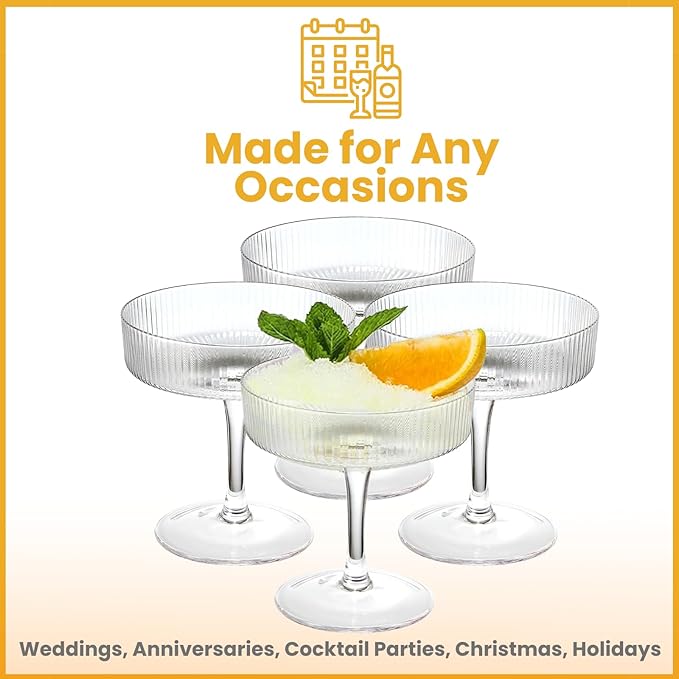 Khen Ribbed Vintage Art Deco Coupe Glasses - Martini, Champagne & Cocktail Ribbed Glasses 8oz | Cute Crystal Glassware Sets - Goblet Stemmed Ripple Glassware, Housewarming Glass Gifts, Clear, 4 Pieces