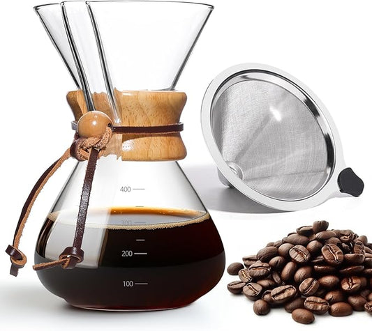 Pour Over Coffee Maker 14 OZ, 4 Cup Borosilicate Glass Drip Coffee Maker with Reusable Stainless Steel Filter and Cork Grip for Home Caf챕 400 ML