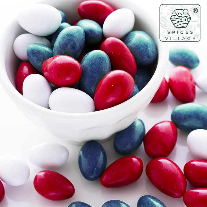 Spices Village Patriotic Jordan Almonds, July 4th Mix, Red White and Blue Candied Almonds, 32 oz, Perfect for Parties, Favors, and Gifting, Kosher Certified