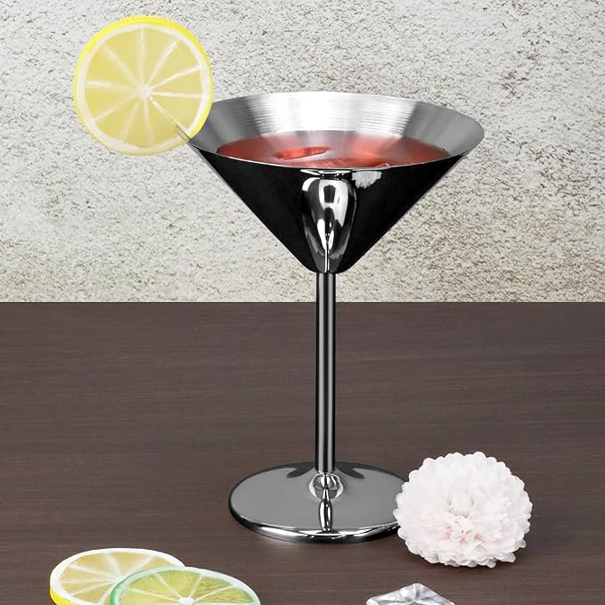 QWORK 304 Stainless Steel Martini Glasses - 8oz Unbreakable, 6 Pack Shatterproof Cocktail Goblets - 18/8 Mirror Finish - Ideal for Whiskey, Margarita, Manhattan & More - Dishwasher Safe
