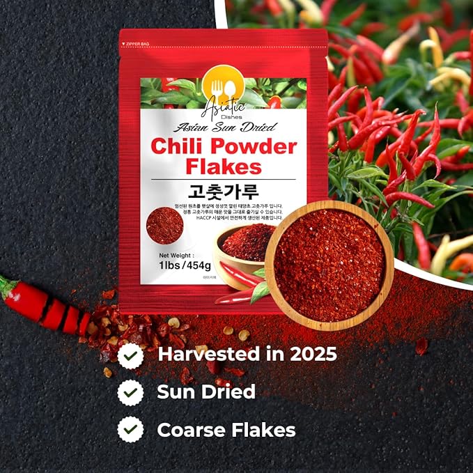 Asiatic Dishes Premium Korean Gochugaru Red Pepper Flakes ??1 lb Sun-Dried Chili for Kimchi, Stews, and Versatile Cooking