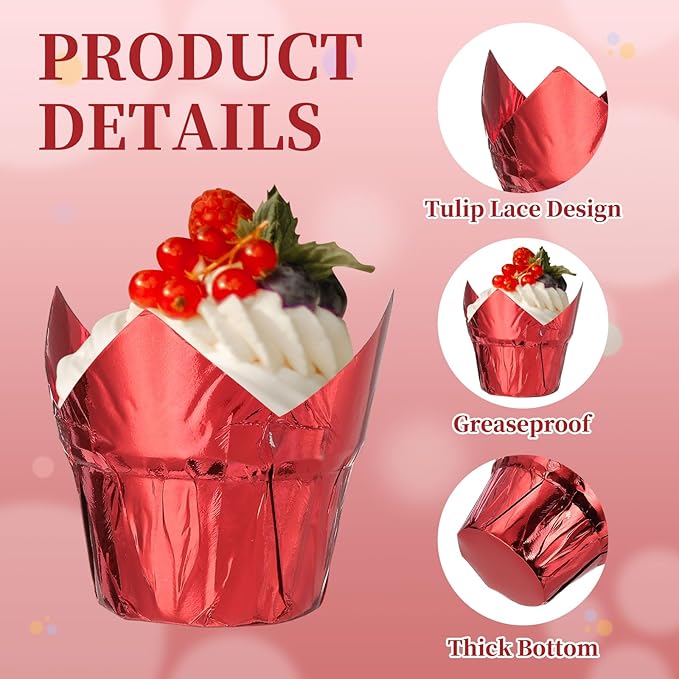 uxcell 100 Pcs Tulip Cupcake Liners, Muffins Liners Aluminum Foil Cupcake Wrappers Baking Cups Muffins Liners for Wedding Birthday Party Supplies, Red