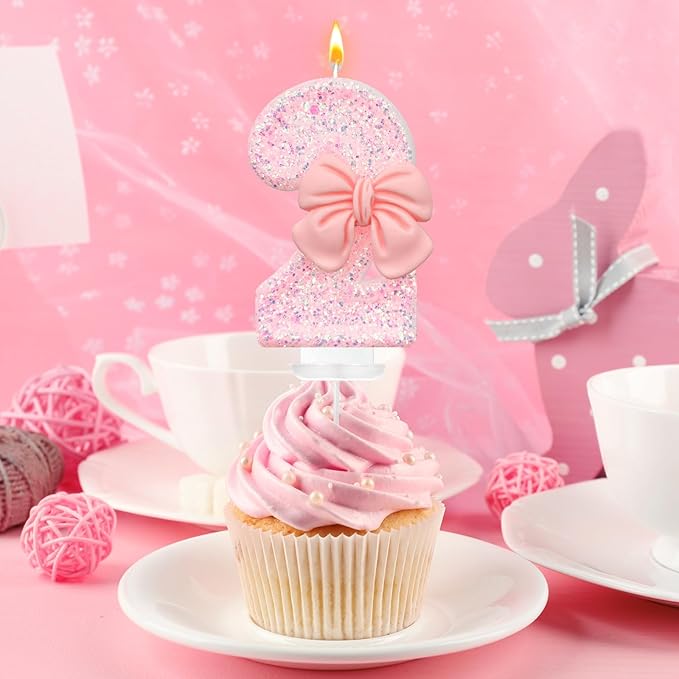Pink Glitter Bow Cake Candles, 2 Pack, Smokeless, Eco-friendly, Decorative, Unscented, Indoor Use, Modern Style, Number Theme, Perfect for Birthdays