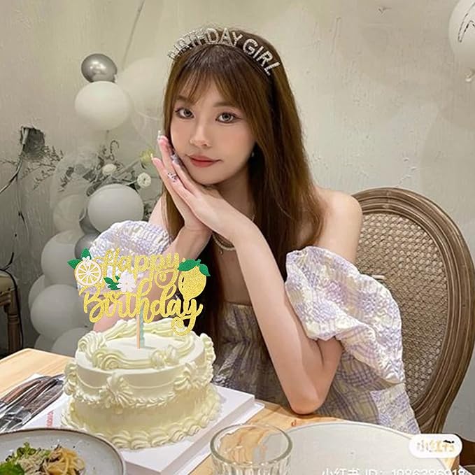 1 Pack Lemon Cake Topper Glitter Happy Birthday Cake Pick for Fruit Theme Baby Shower Kids Boys Girls Birthday Party Summer Fruit Lemon Cake Decorations Supplies