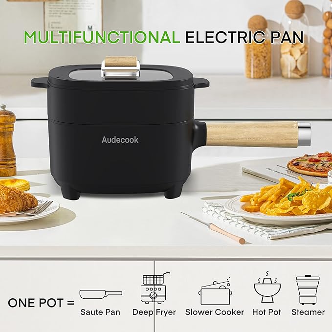 Audecook Hot Pot Electric 2L, Cermic Glaze Non-Stick Frying Pan 8 Inch, Portable Travel Cooker for Ramen/Steak/Fried Rice/Oatmeal/Soup, with Dual Power Control (Silicone Spatula Included)