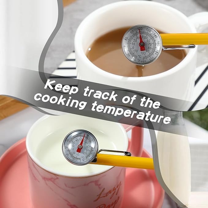 Xuhal 6 Pcs Stainless Steel Kitchen Thermometer with 5 Inch Long Stem 1 Inch Dial Thermometer Milk Frothing Food for Oven Probe Meat Grill BBQ Cooking Chocolate Water(Yellow)