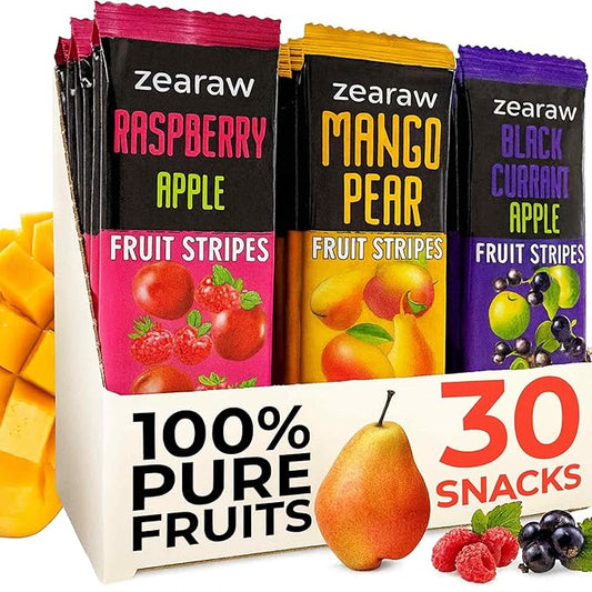ZEARAW Healthy Fruit Snacks for Adults and Kids ??30 Organic Fruit Leather with Dried Black Currant, Pear-Mango, Apple-Raspberry ??Vegan Low-Carb Variety Pack Strips for Kids ??Sugar Free Bars