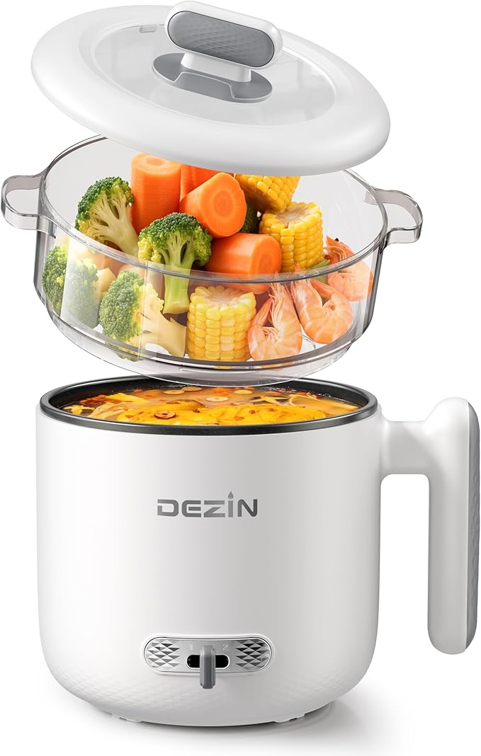 Dezin Hot Pot Electric with Steamer, 1.8L Ramen Cooker Dual Power, Portable Non-Stick Electric Pot for Soup, Pasta, Egg, Oatmeal, Overheat & Boil-Dry Protection, Ideal for Dorm, Office