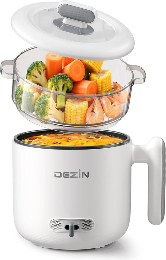 Dezin Hot Pot Electric with Steamer, 1.8L Ramen Cooker Dual Power, Portable Non-Stick Electric Pot for Soup, Pasta, Egg, Oatmeal, Overheat & Boil-Dry Protection, Ideal for Dorm, Office