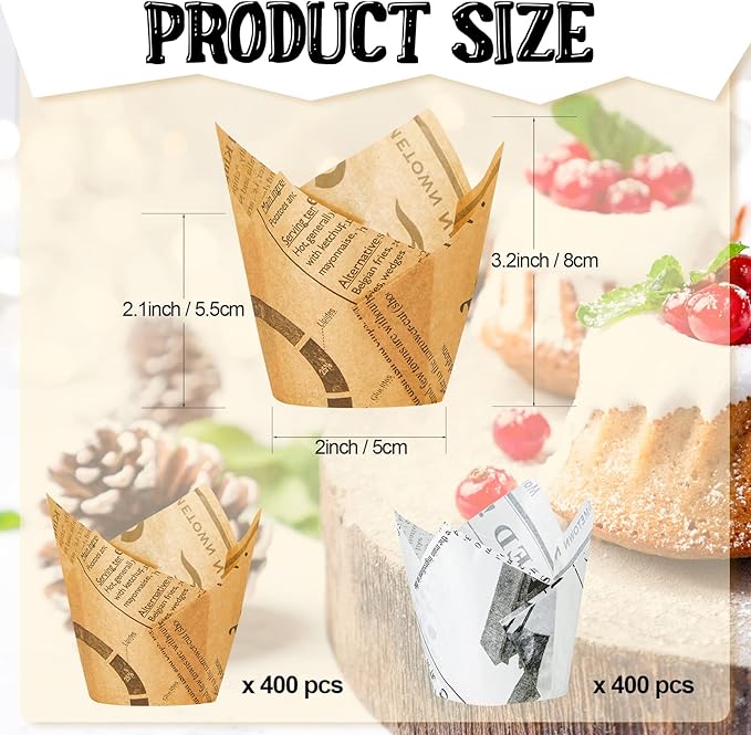 800 Pcs Tulip Cupcake Liners Baking Cups Muffin Baking Cupcake Liners Wrappers Greaseproof Tulip Cups Holders for Party Wedding Birthday Baby Showers(Newspaper,Retro Style)