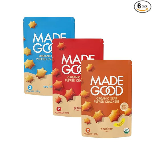 MadeGood Star Puffed Crackers Variety Pack - Sea Salt, Cheddar, and Pizza (6 Bags - 4.26 Oz Each) Gluten Free and Organic, Healthy Snacks