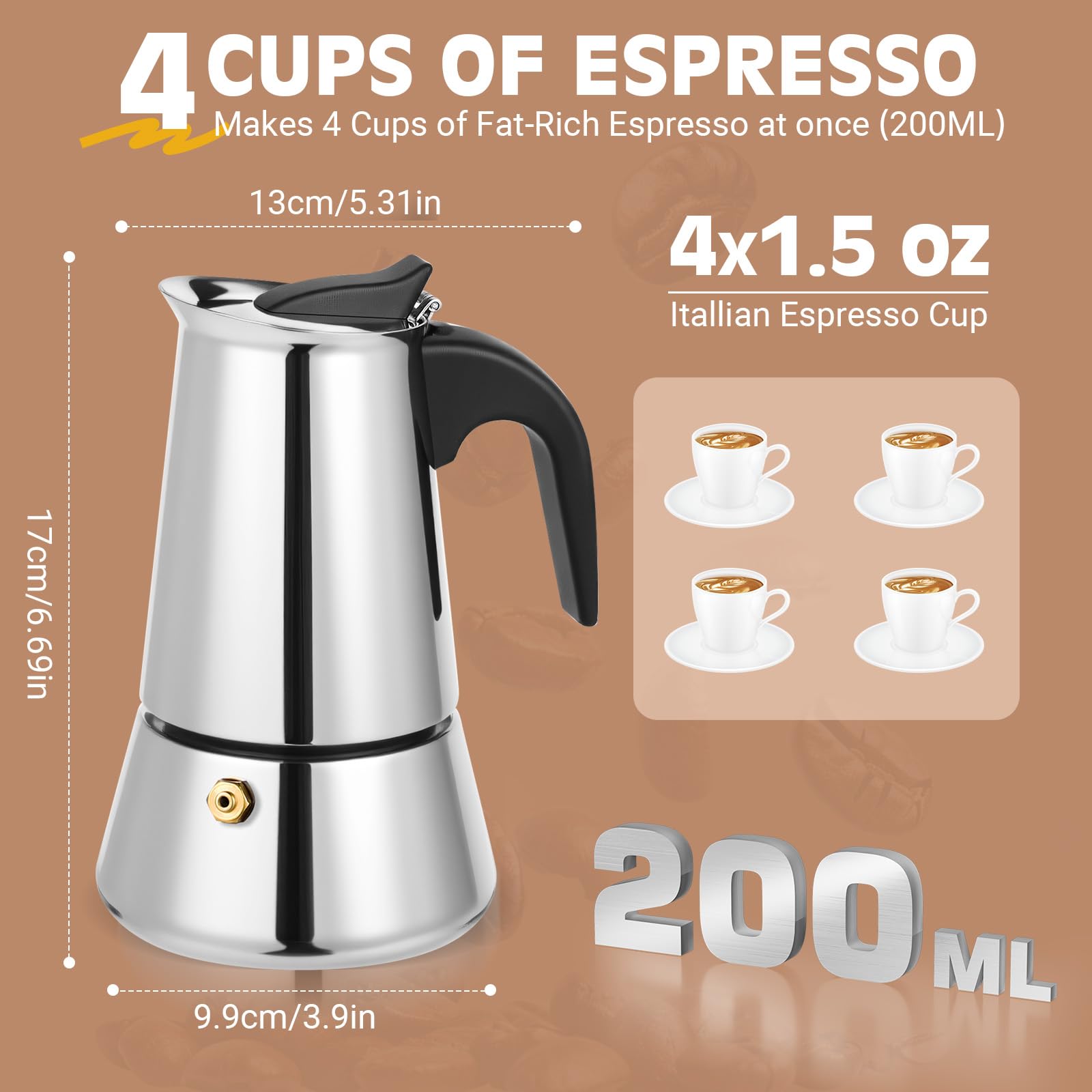 Suiitat 4 Cup Stainless Steel Moka Pot, 200ml Stovetop Espresso Maker, Silver