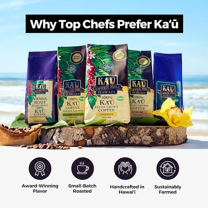Ka'u Coffee Mill Handcrafted Coconut Caramel Crunch Flavored Coffee - Pure Kau Cafe from Hawaii Grown Arabica Beans - Gourmet Small Batch - 10oz